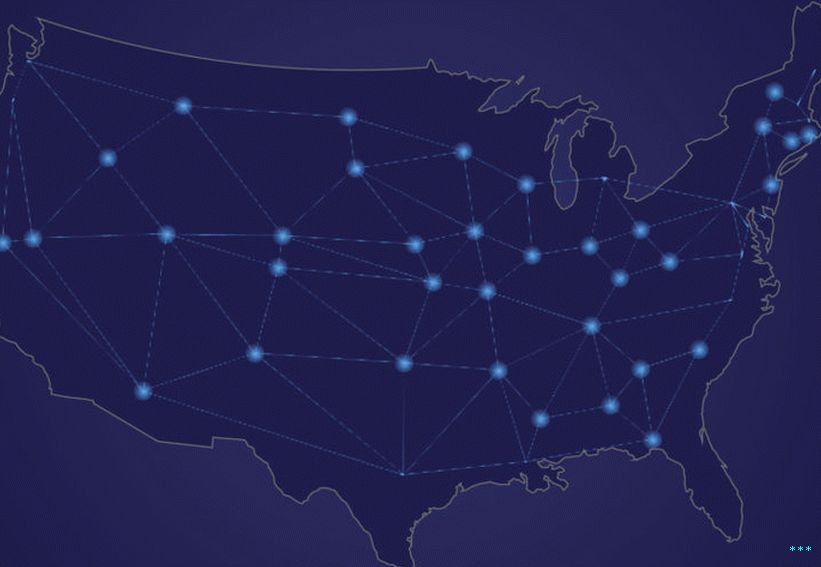 Karta Sjedinjenih Država s linijama i točkama koje predstavljaju širokopojasne mreže.